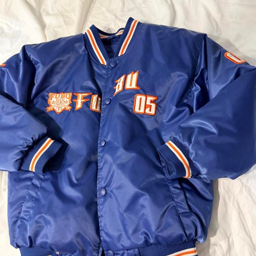 FUBU The Collection Kids Royal Blue Varsity Bomber Jacket Size L 7 Embroidered